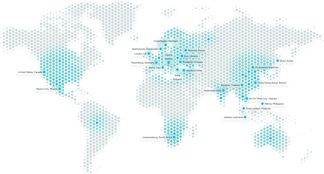 Global presence map highlighting Solavita’s international offices and branches across North America, Europe, Asia, and Africa