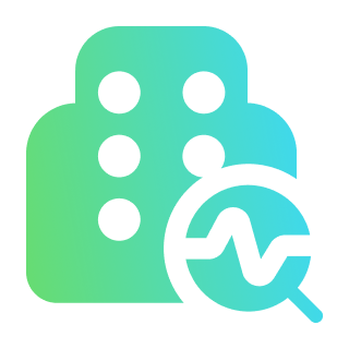 Icon of a building with a magnifying glass showing a pulse line, representing facility monitoring or diagnostics.